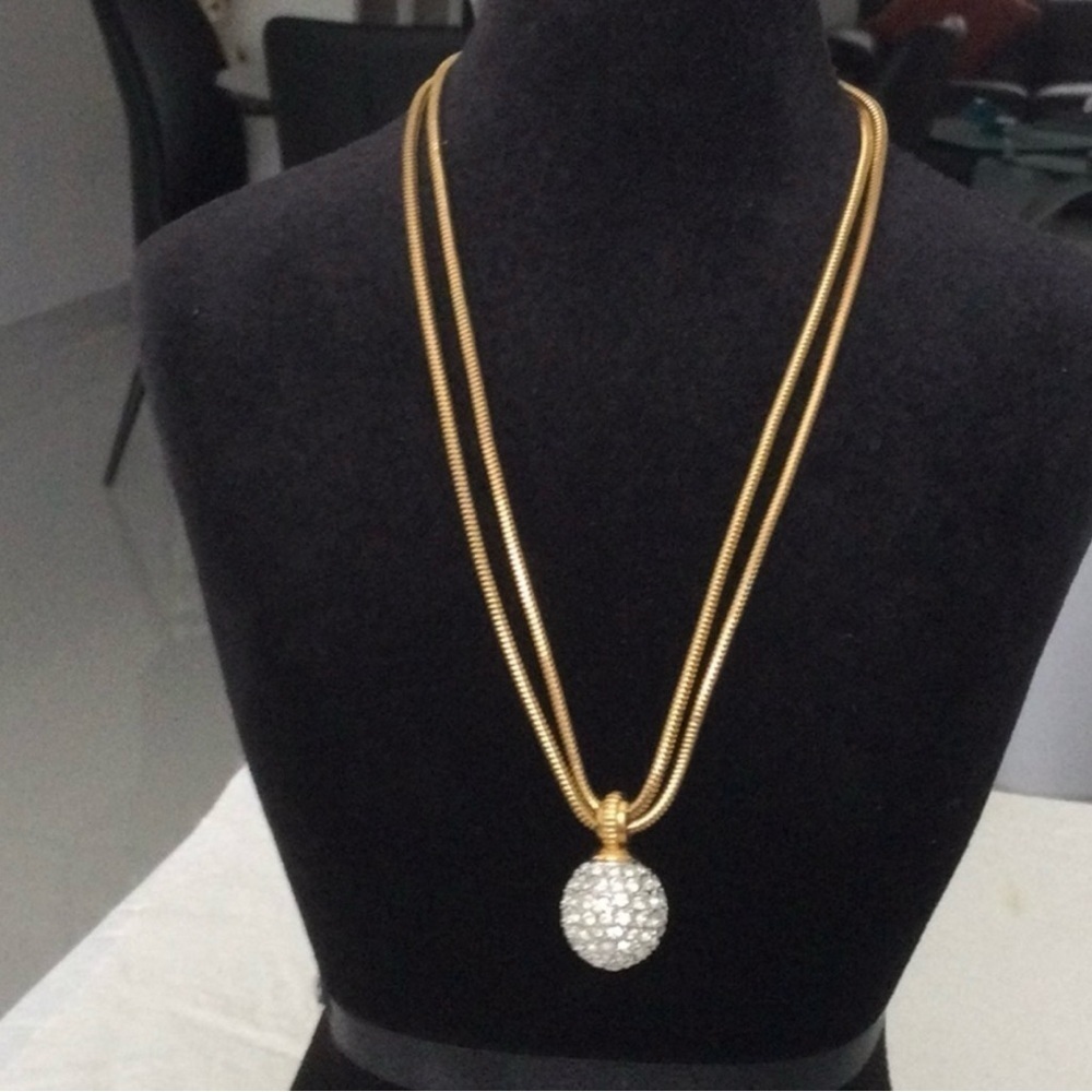Swarovski Crystal Ball Signed Pendant W/ Rope Necklace Choker Gold Tone 16”
